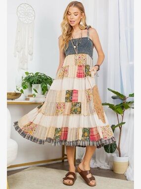 Fair Trade Recycled NWT Essential Boho Patchwork Smocked Sundress Summer Denim